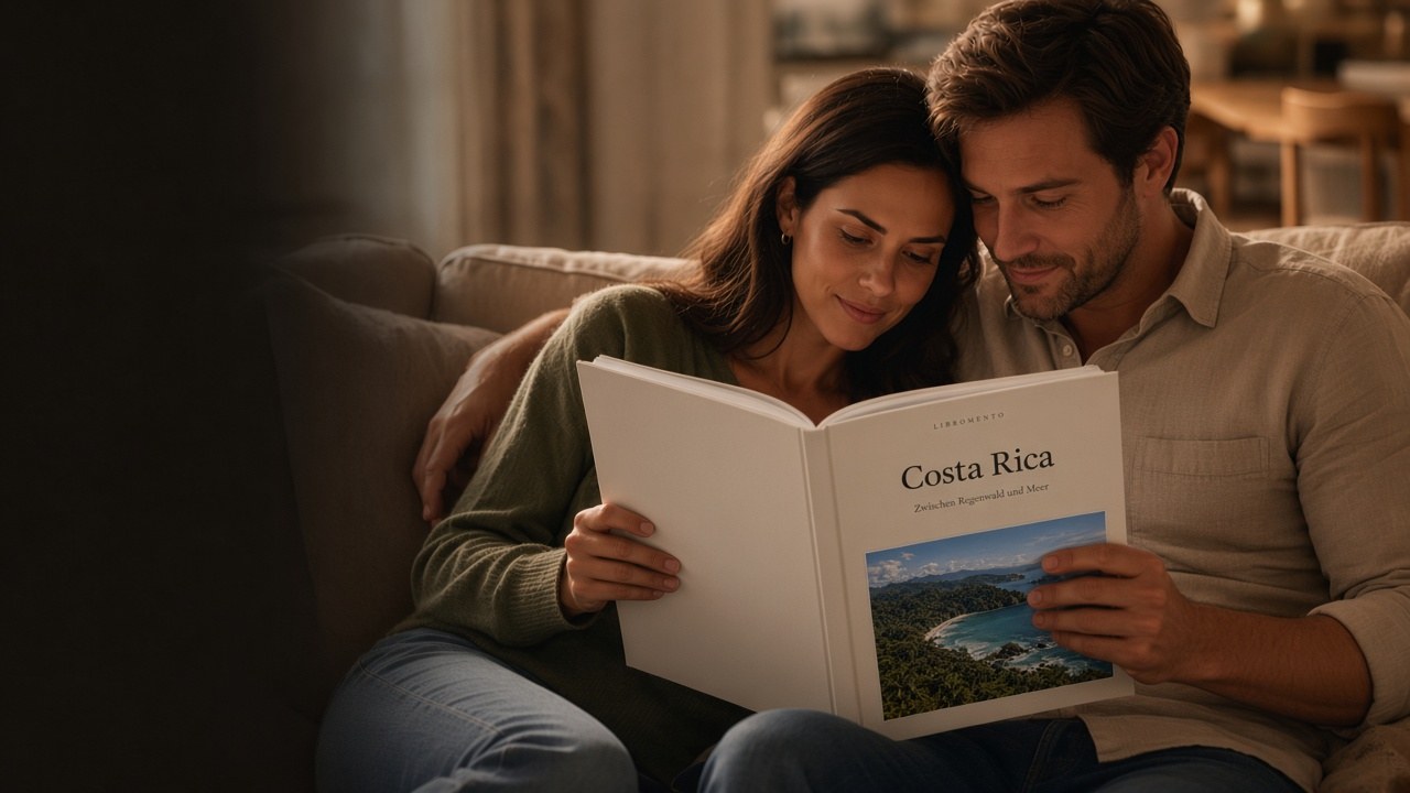Paar mit Costa-Rica-Buch von Libromento — Cover vorne, weiße Rückseite.